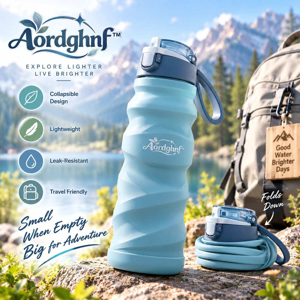 Aordghnf™ FlexSip 20 oz. Collapsible Water Bottle – Foldable Lightweight Travel Bottle with Carry Loop