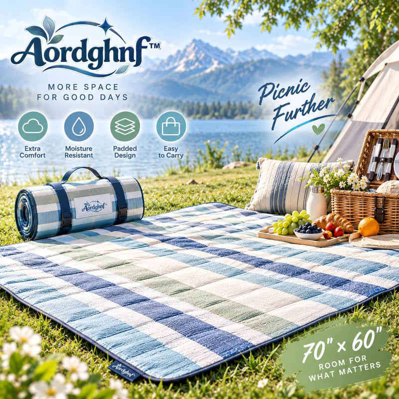 Aordghnf™ FieldNest 70 × 60 in. Padded Outdoor Picnic Blanket – Foldable Ground Mat with Carry Handle